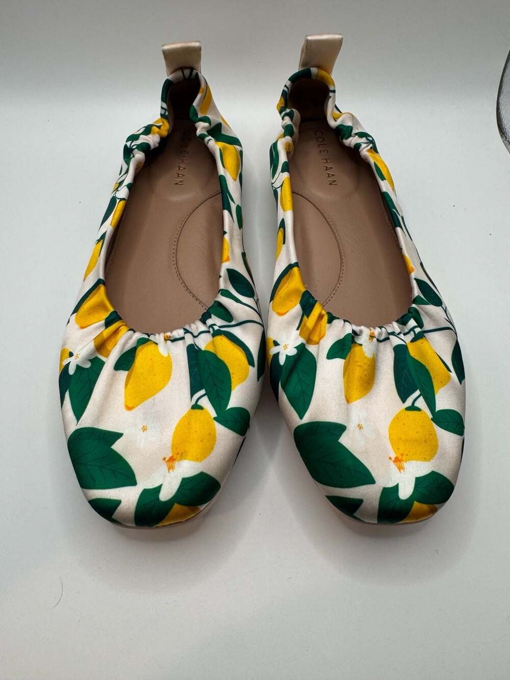 Cole Haan York Soft Ballet Flats Lemon Print Rosewater Satin 8.5